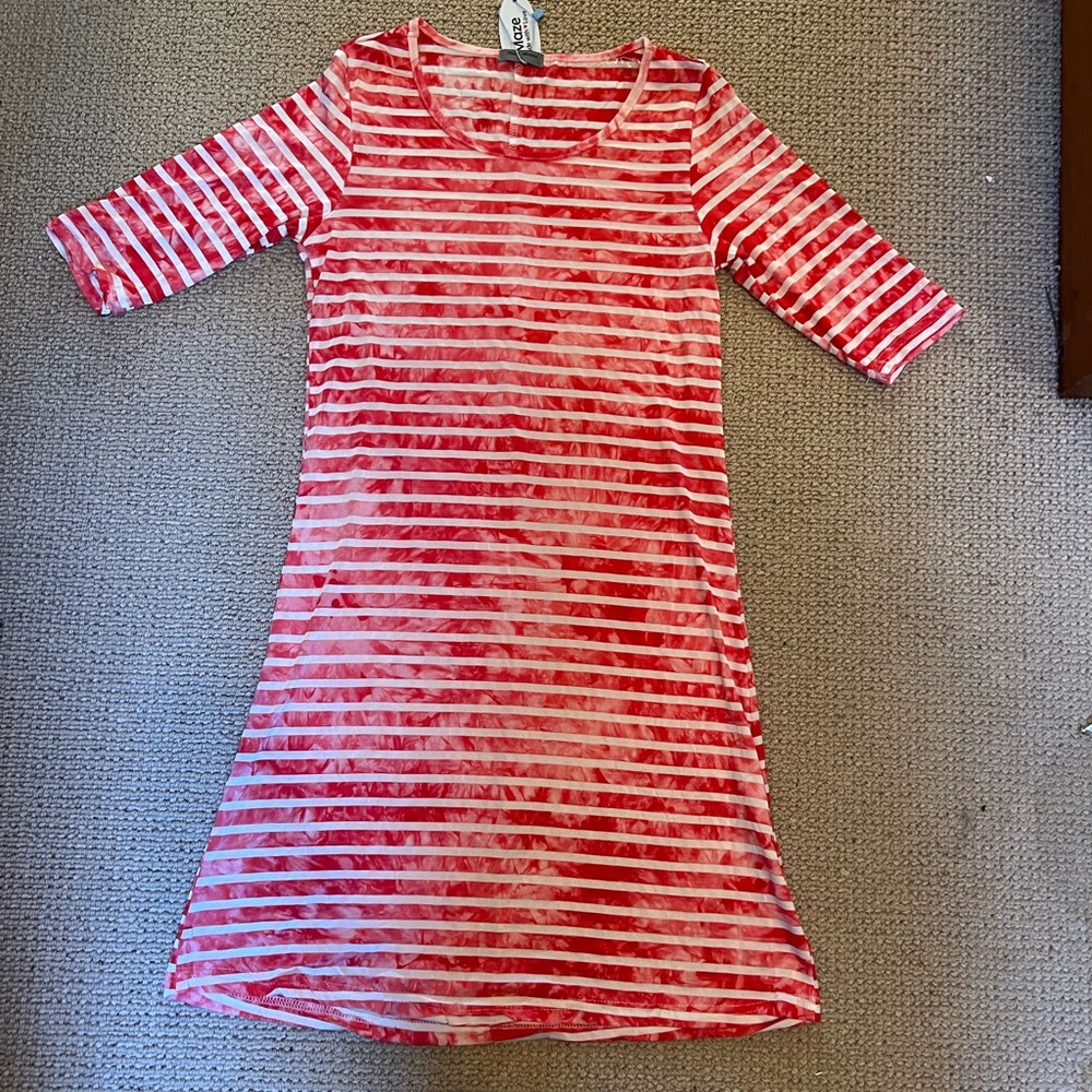 Maze collection, red and white striped dress, size S, 37 inches long
